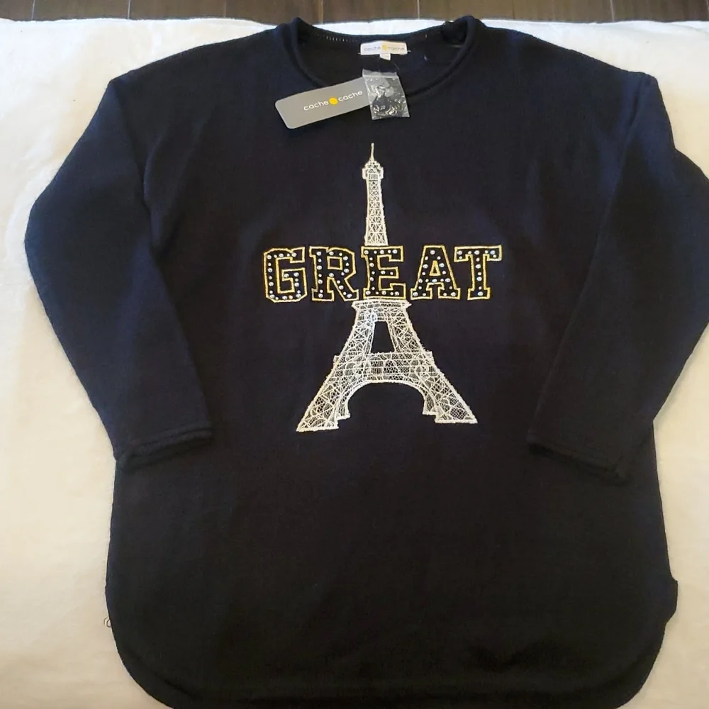 Cache Cache Black Tunic Sweater With Lace Embroidered Eiffel Tower Size S - Picture 6 of 8